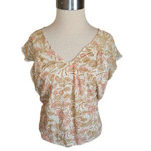 New Lucky Brand 2X Plus Tan Pink Beige Floral Top Cap Flutter Sleeve V Nexk